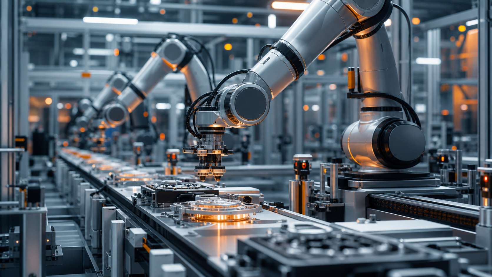 Industrial robot cell in factory