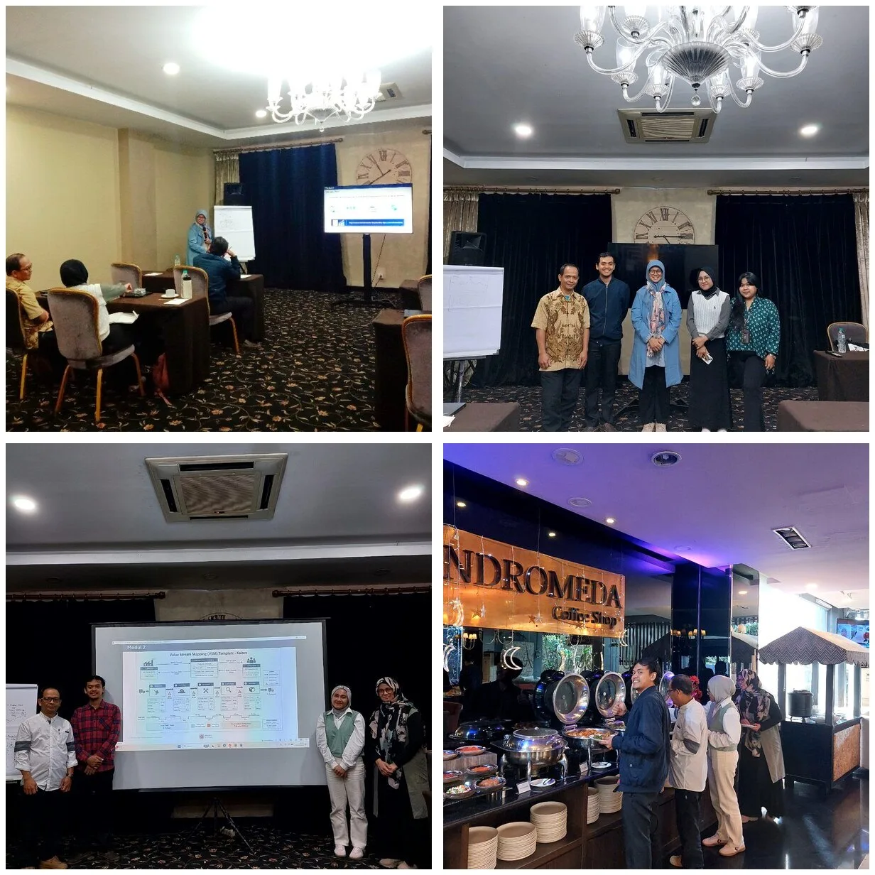 Collage of four photos from the Lean Manufacturing training with Panasonic Industrial Components